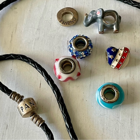 Pandora S925 ALE braided leather wrap bracelet /Necklace? and lot of six charms - Picture 7 of 8